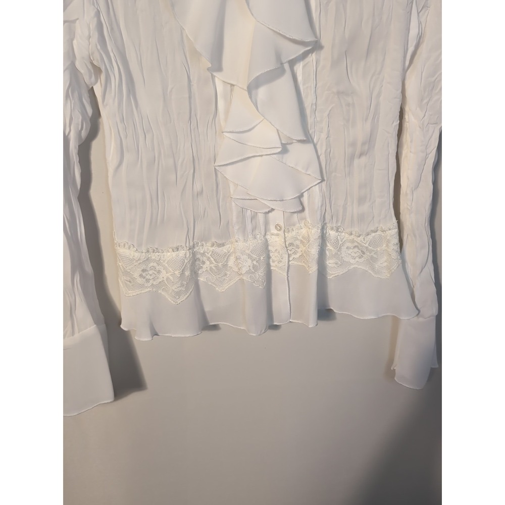 Y2K Chiffon Fairycore Ruffle Blouse Top Shirt Long Sleeve Lace‎ Detail Cuffs M - Picture 3 of 7